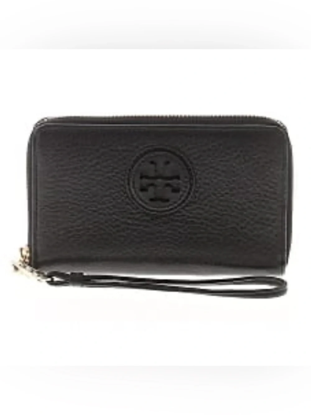 Tory Burch Black Pebble Leather Zip-Around Wristlet Wallet Logo Excellent